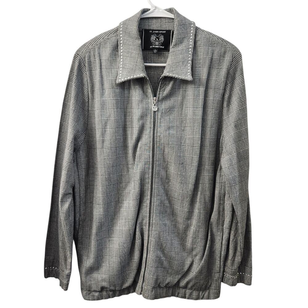 St John Sport Zip Up Light Jacket L Black White Checkered Houndstooth Retro Chic